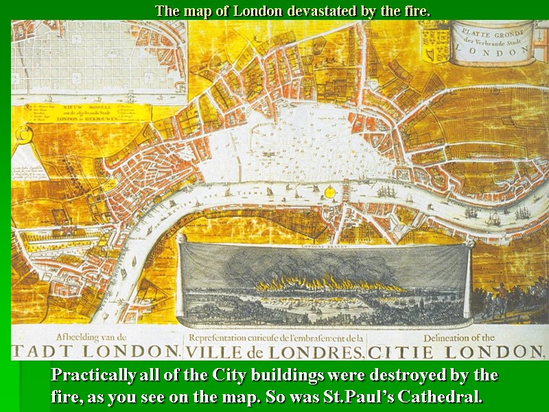 The map of London devastated by the fire. Practically all of the City buildings